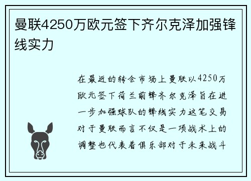 曼联4250万欧元签下齐尔克泽加强锋线实力